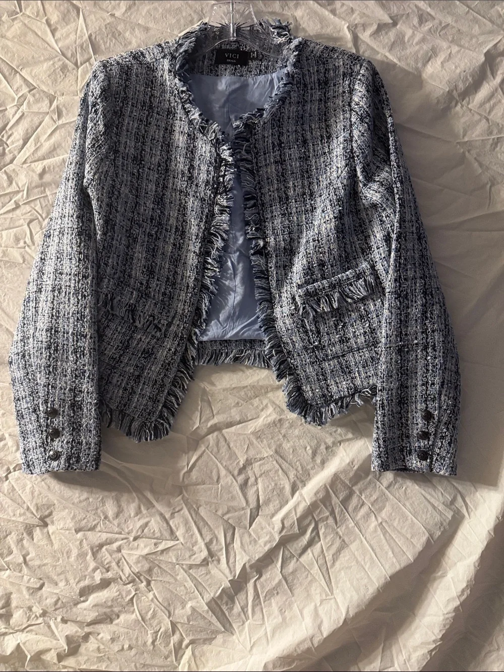 VICI Navy & White Tweed Cottagecore Frayed-Trim Cropped Blazer